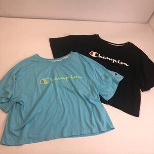 Lot of 2 Champion Cotton Logo Cropped T-shirts Blue Size XL Black Size‎ L